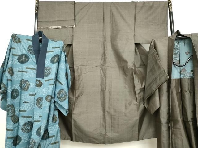 平和屋着物●男性　大島紬　アンサンブル　長襦袢(無双仕立て)セット　亀甲絣　反端付き　正絹　逸品　AABI5237cs