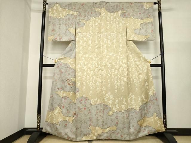 平和屋着物●訪問着　駒刺繍　地紙花蝶文　正絹　逸品　AABI7937ck