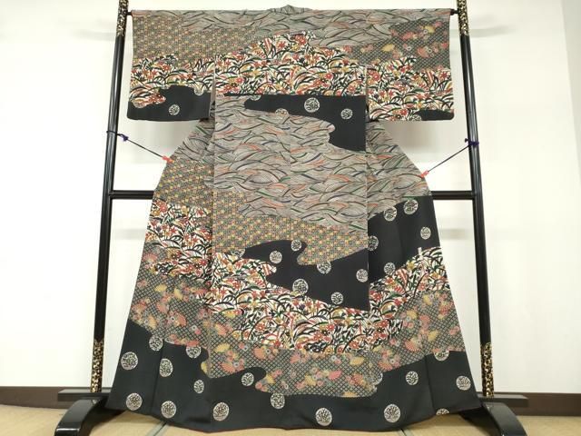 平和屋着物○江戸紅型 五味桂子 訪問着 型染め 道長扇面草花文 正絹