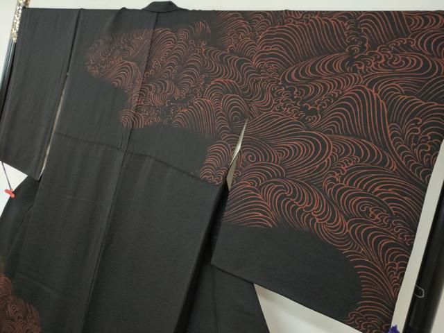 平和屋着物○訪問着 小糸染芸 立波文 黒地 正絹 逸品 DABF1325ud