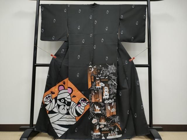 平和屋着物●訪問着 創作 ハロウィン 猫 黒地 洗える着物 未使用 CABG3385tx