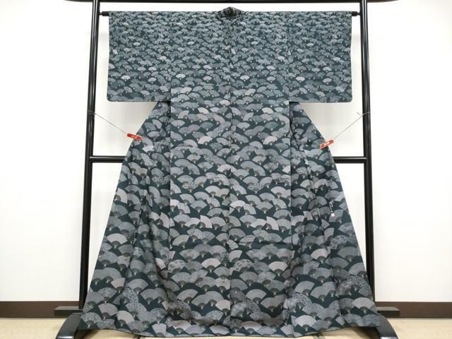 平和屋着物●伝統工芸士　岡村正三作　訪問着　江戸小紋　紬地　扇面花文　正絹　逸品　CABG3393tx