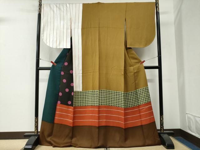 平和屋着物●訪問着　水玉　横縞　千鳥格子　ロング丈　正絹　逸品　CABG0466yc