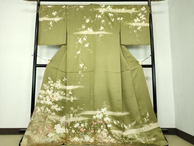 平和屋着物●訪問着　駒刺繍　枝垂れ桜　華麗な花　暈し染め　金彩　ロング丈　正絹　逸品　未使用　DABF7244ps