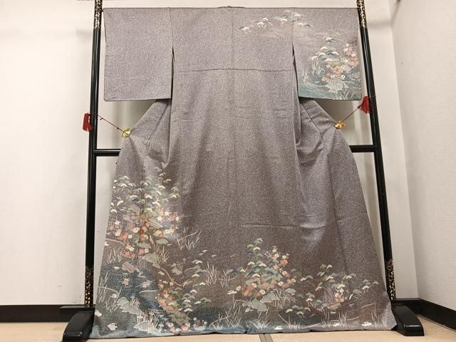 平和屋着物●訪問着　風景草花文　たたき染め　金彩　ロング丈　正絹　逸品　AABJ0112ph