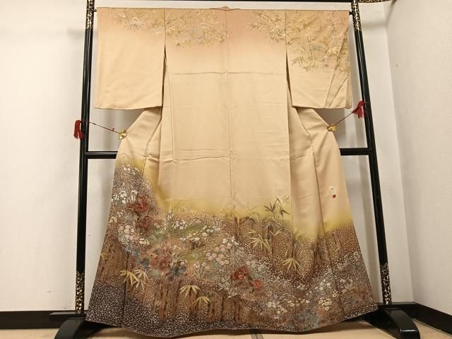 平和屋着物●訪問着　作家物　刺繍　草花文　暈し染め　金彩　正絹　逸品　AABJ0119ph