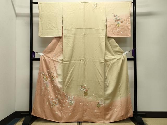 平和屋着物●訪問着 駒刺繍 流水花籠文 暈し染め 金銀彩 鈴乃屋扱い 正絹 逸品 CABG4496gh