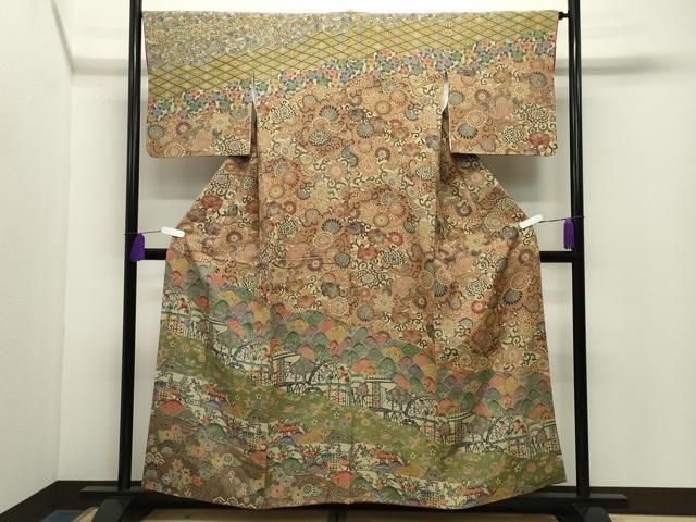 平和屋着物●訪問着　型染め　飛鶴人物風景花文　正絹　逸品　CABG4525gh