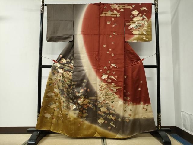 平和屋着物●訪問着　エ霞扇面枝花文　暈し染め　金彩　正絹　逸品　CABG0694yc