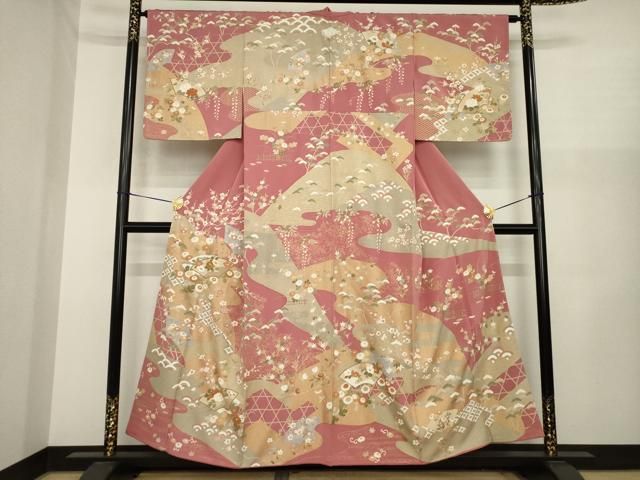 平和屋着物●訪問着　駒刺繍　地紙花文　金彩　正絹　逸品　AABJ1409ck
