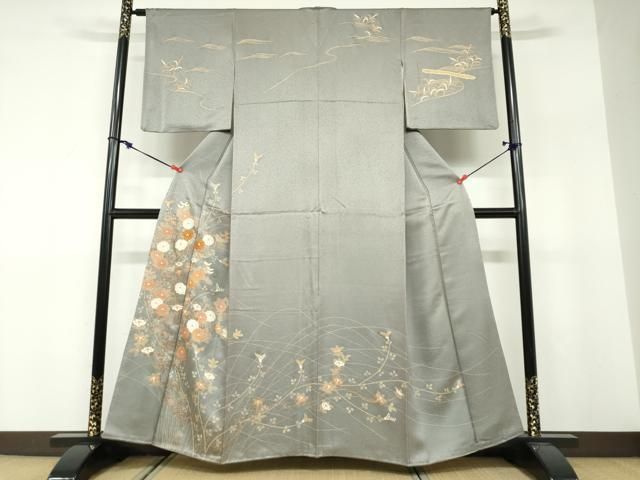 平和屋着物●訪問着　駒刺繍　草花文　金彩　正絹　逸品　DABF1576ud