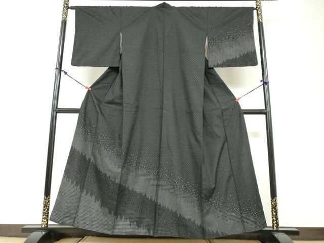 平和屋着物●訪問着　紬地　霞文　黒地　正絹　逸品　DABF1585ud