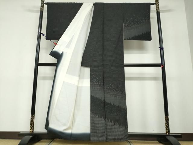 平和屋着物●訪問着　紬地　霞文　黒地　正絹　逸品　DABF1585ud