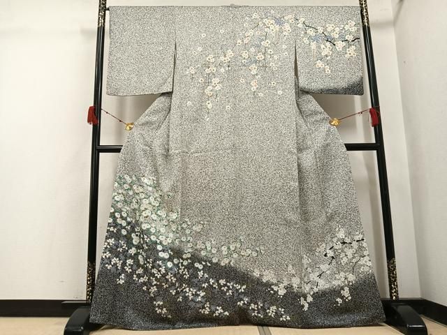 平和屋着物○訪問着 枝花文 たたき染め 黒地 正絹 逸品 AABJ1283ph