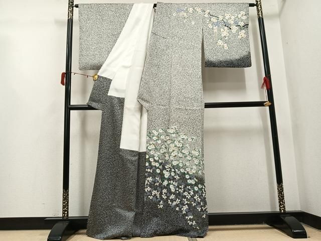 平和屋着物○訪問着 枝花文 たたき染め 黒地 正絹 逸品 AABJ1283ph