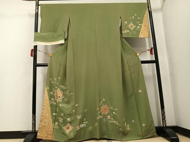 平和屋着物●日本工芸会正会員　生駒暉夫　訪問着　花鳥文　琵琶湖　金彩　浜ちりめん　反端付き　正絹　逸品　AABJ1315ph