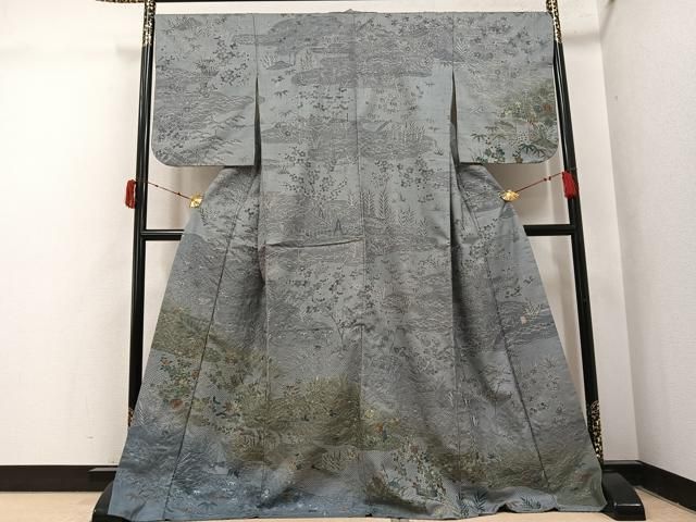 平和屋着物●小林文次郎 訪問着 中国三大刺繍 汕頭刺繍 スワトウ刺繍 紬地 松竹梅風景草花文 ますいわ屋扱い 正絹 逸品 AABJ1316ph