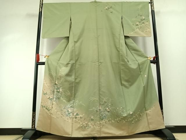 平和屋着物●訪問着　紬地　友禅　作家物　草花文　暈し染め　正絹　逸品　AABI9152fy