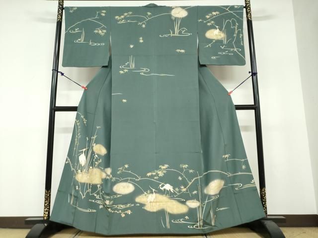 平和屋着物●訪問着　駒刺繍　流水草花文　鷺　金彩　正絹　逸品　DABF1792ud