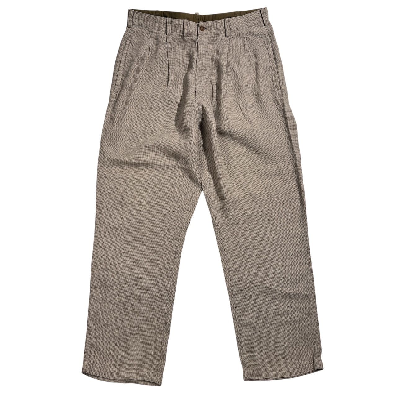 リネン100% Papas パパス 千鳥風 ツータック パンツ M/ベージュ系 