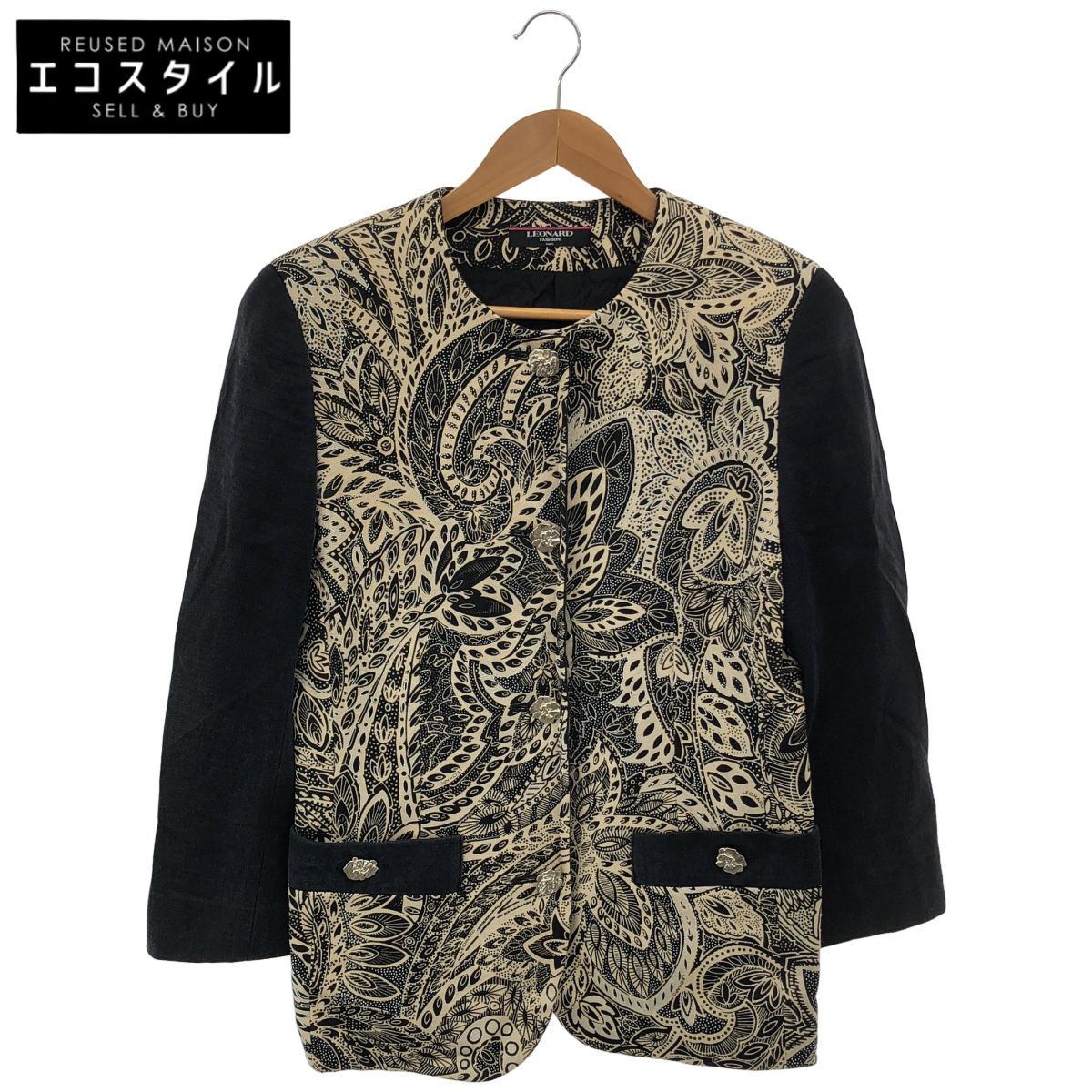 LEONARD　レオナール　ベージュ×ブラック ノーカラー ジャケット　L