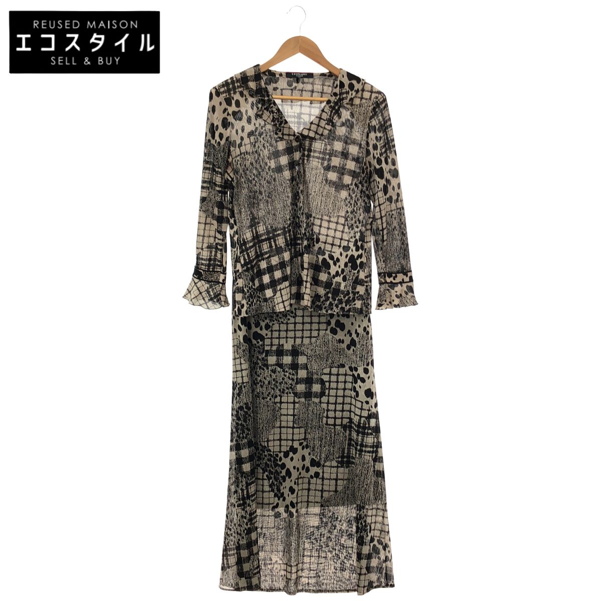LEONARD　レオナール　0169510/0162510 ベージュ×ブラック 総柄 カンカン ジャケット スカート セットアップ 2点　L