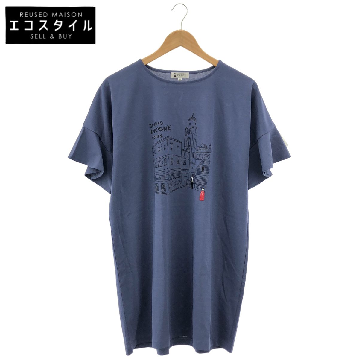PICONE　ピッコーネ　P459508 ブルー 袖フリルイラストチュニック　42
