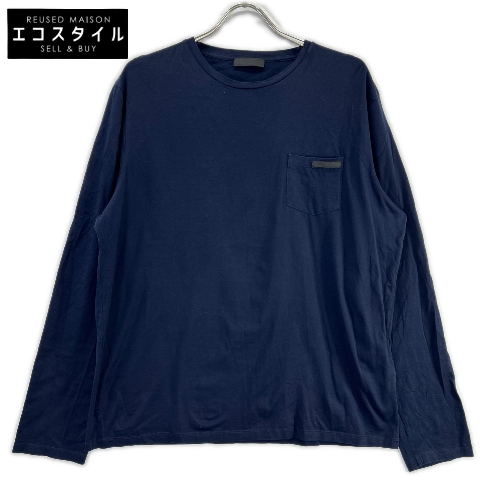 PRADA ネイビー 長袖Tシャツ PRADA プラダ UJL879 ネイビー ポケット付き 長袖 コットンTシャツ XL