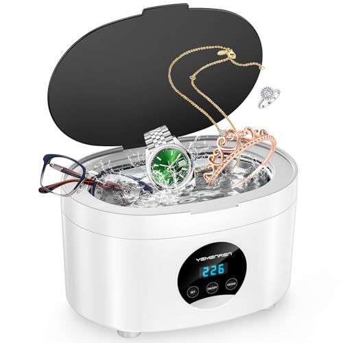 YEMENREN 超音波洗浄機 600ml 大容量 48,000Hz 小型家用 5段階タイマー設定 クリーナーダメージなしメガネ 貴金属 入れ歯 シェーバー マウスピースの洗浄 時計ホルダー、クリーニングバスケット付 (ホワイト)e b0c5b3ed