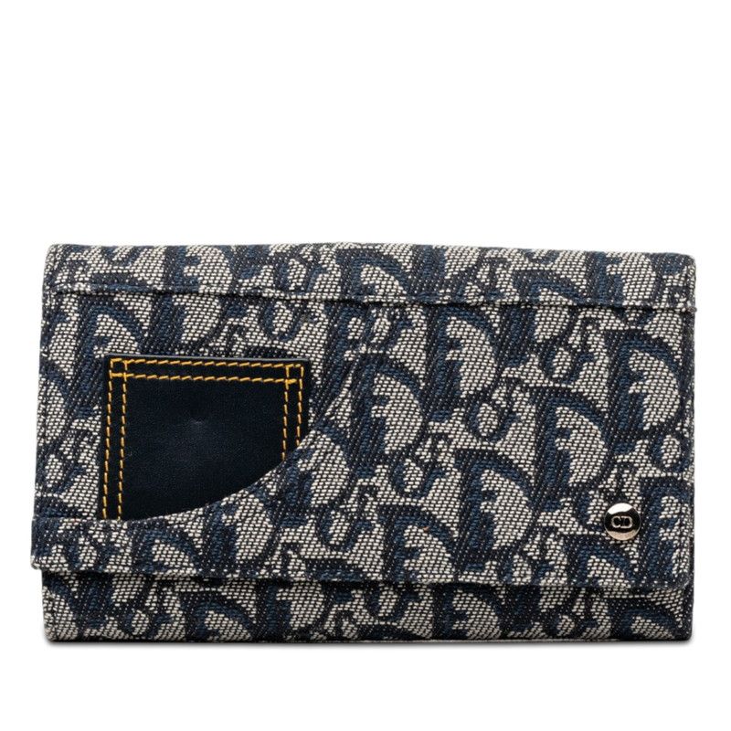 ディオール トロッター 長財布 ネイビー ホワイト キャンバス レザー レディース Dior【1-0271365】