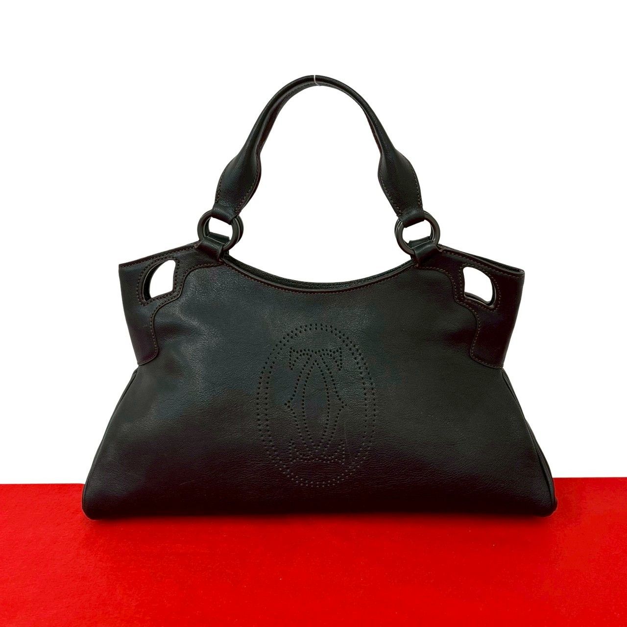 極 美品 希少品 CARTIER カルティエ マルチェロ パンチング レザー 本革 ハンドバッグ トートバッグ ミニ ボストンバッグ ブラック 24373