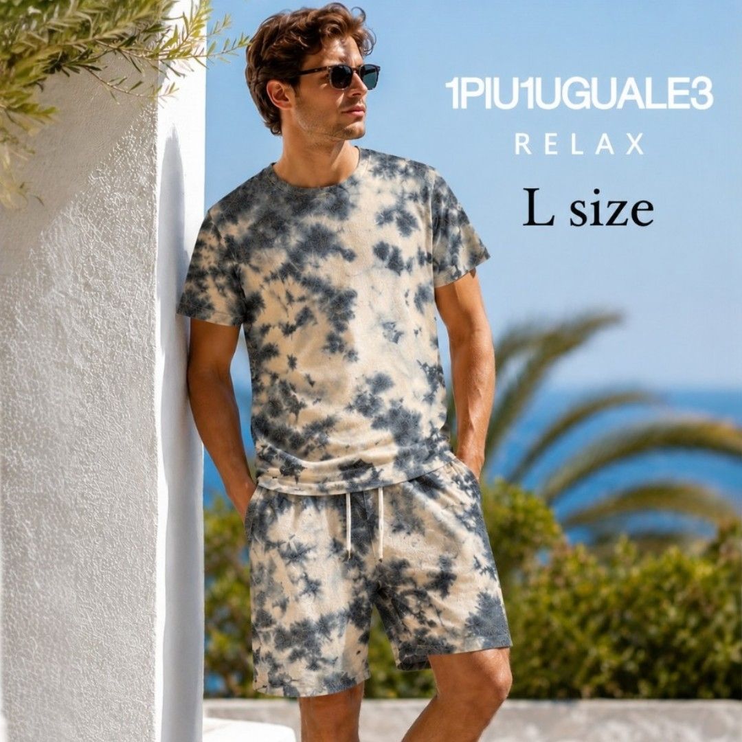 【1PIU1UGUALE3 RELAX】タイダイ柄 Tシャツ＆ショートパンツ セットアップ ブルー Lサイズ 新品、未使用、現品限り