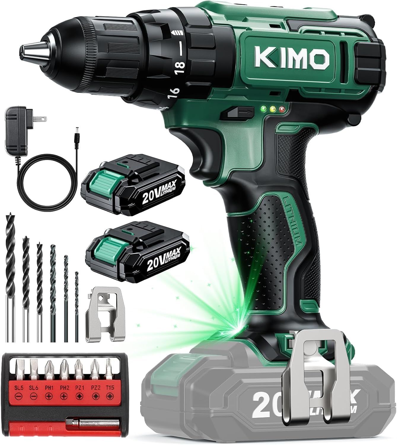 【1台3役 電動ドライバー 22本ビット 20V 2000mAhバッテリー】KIMO 電動ドリル 電動ドライバー 電動工具 最大トルク35N.m 18階段強度 LEDライト付き 二段変速 高回転速度 正逆回転 調節ねじを締め ネジ締め ソフト bc90f287