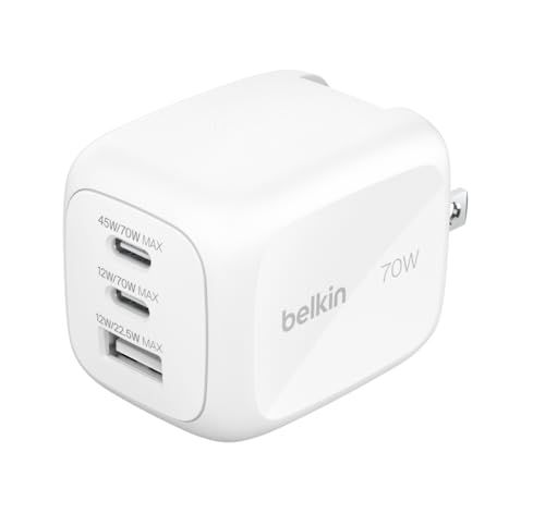 Belkin Cubic Chager Pro 3ポートアダプター GaN 急速充電器 70W USB-C USB-A×1 PD 高速充電対応 3台同時充電 PPS規格 小型 ACアダプター iPhone 17,16?12対応 MacBook 81ea5f9e