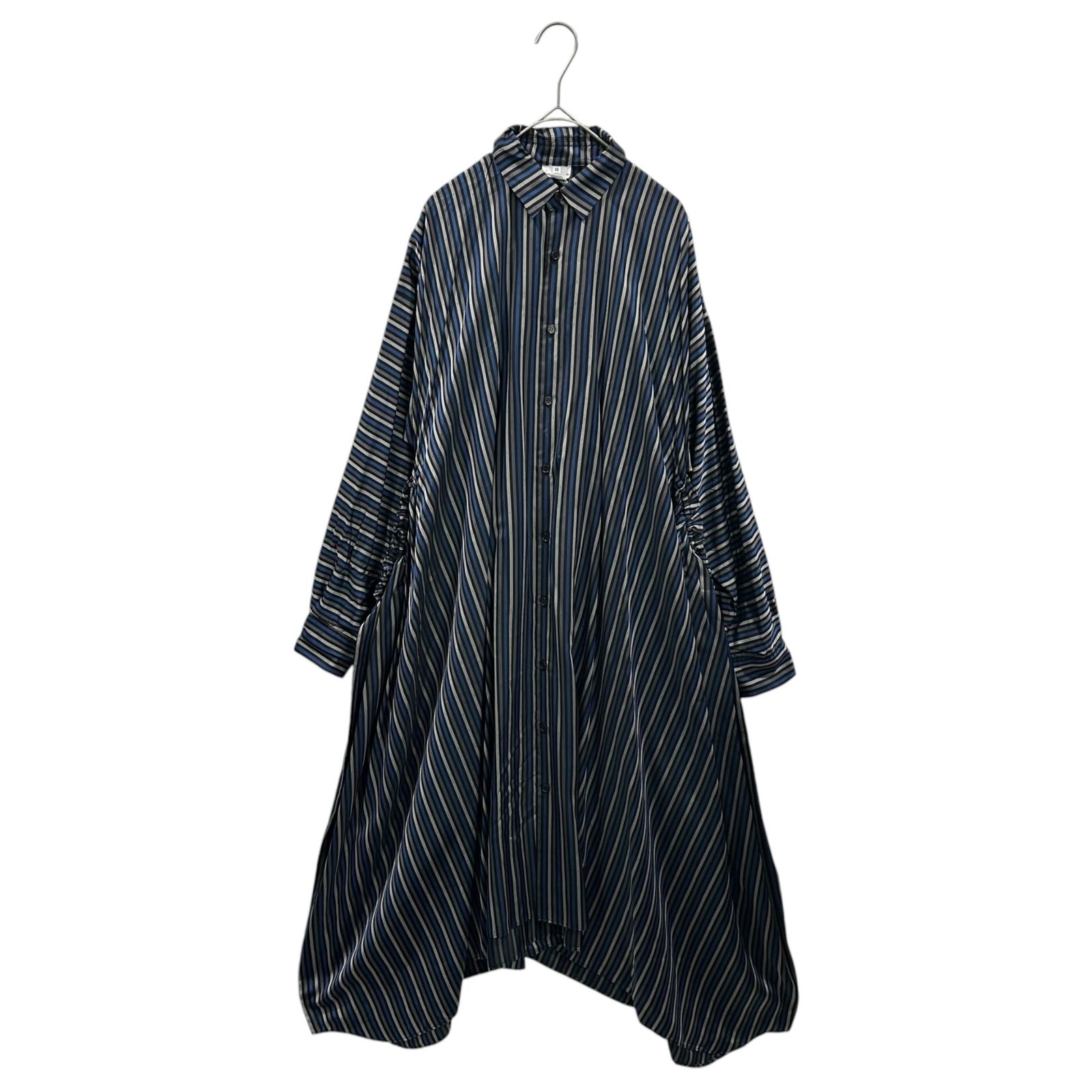 noir kei ninomiya(ノワールケイニノミヤ) 24SS Side-Gathered Striped Shirt Dress サイドギャザー ストライプ シャツ ワンピース 3M-O015 XS ブルー×ブラック 長袖 ロング コムデギャルソン