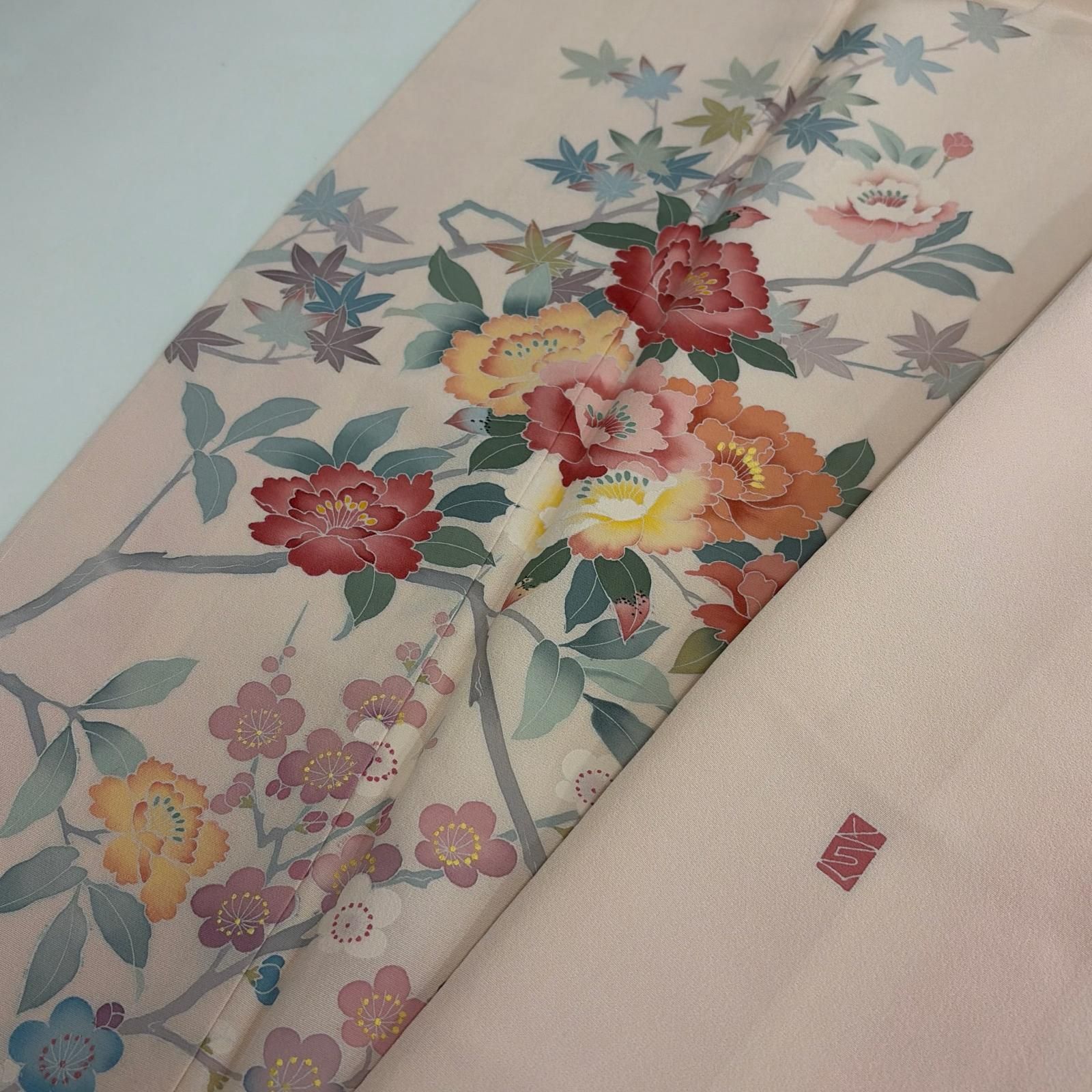着物 単衣 裄65 付け下げ 正絹 刺繍に花 U-7951