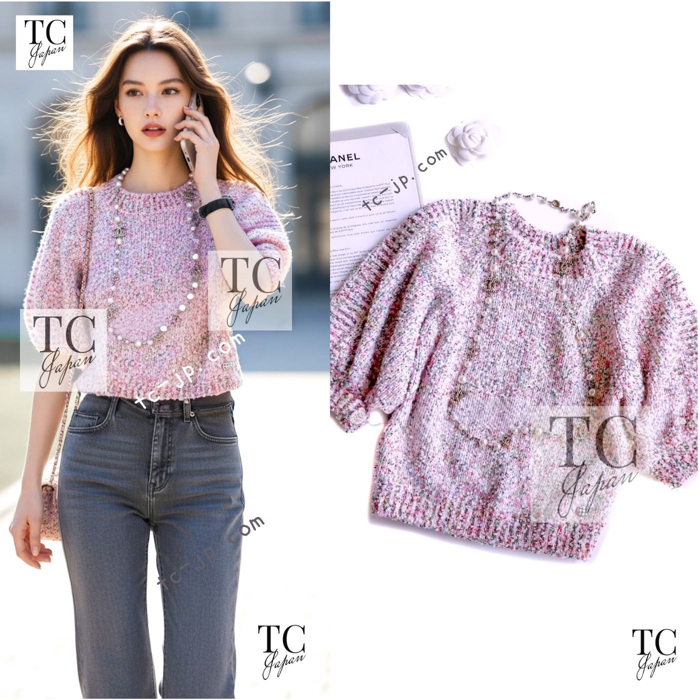 シャネル セーター トップス CHANEL かわいい ピンク マルチカラー スパンコール プルオーバー カール・ラガーフェルド 超美品 38
