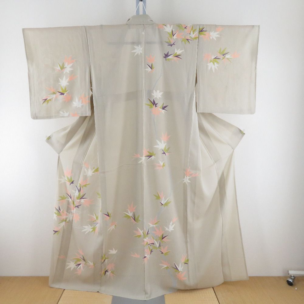 訪問着 夏着物 絽 広衿 楓文様 正絹 薄カーキ色xサーモンピンク色x黄