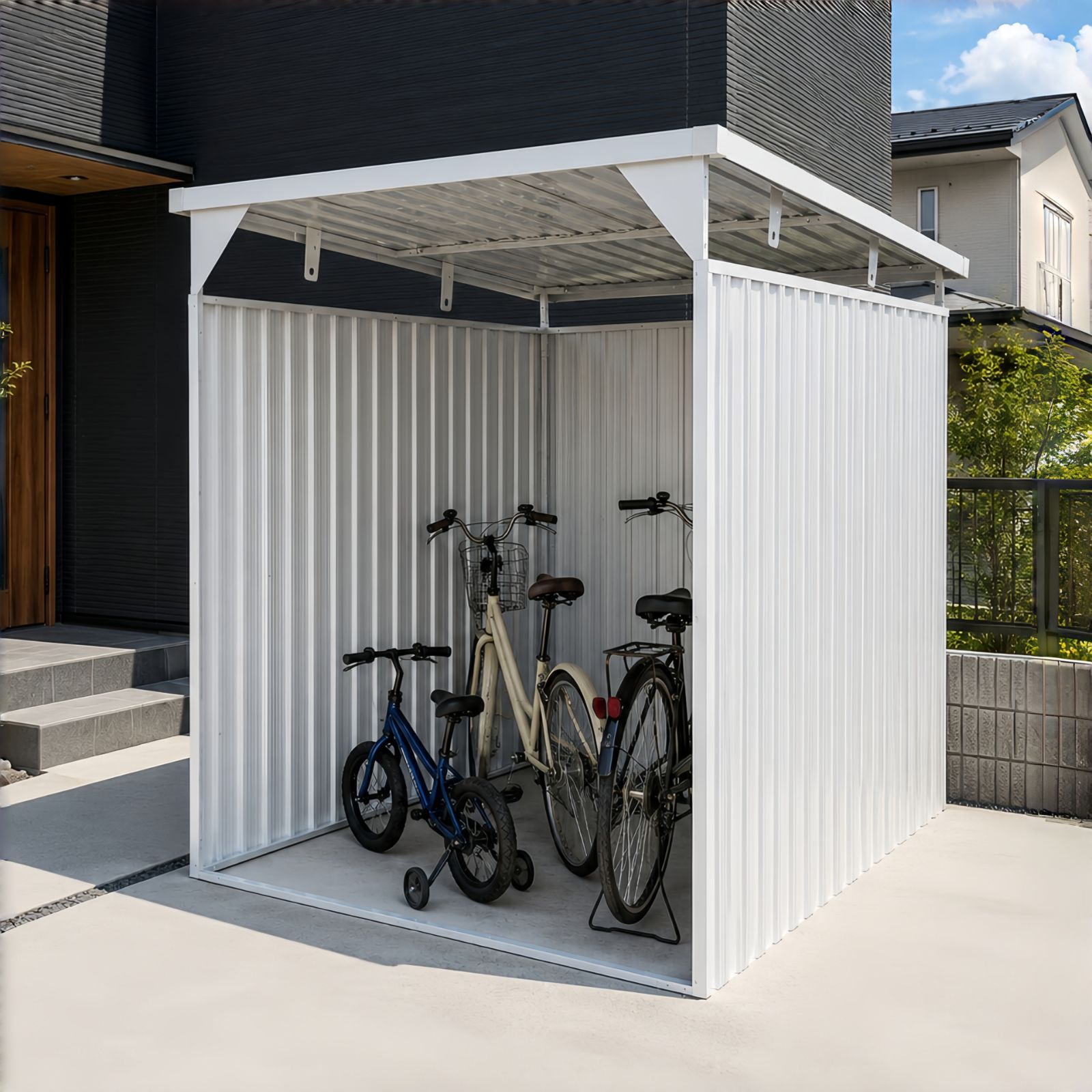 【1000円OFFクーポン配布中】物干し竿付き サイクルポート 自転車倉庫 3～5台収納 スチール物置 屋外収納庫 大型 自転車置き場 サイクルハウス 防水 防さび 屋外物置 ガーデニング収納 収納庫 自転車ガレージ アンカーボルト付き 高耐久 シルバーグレー