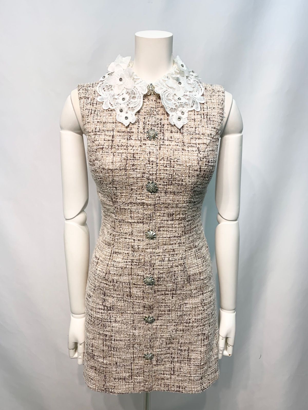 2840 ROBE de FLEURS ローブドフルール キャバクラ ドレス ニットツイード フラワーレース襟付き ノースリーブ 伸縮性 タイト ミニ キャバドレスS