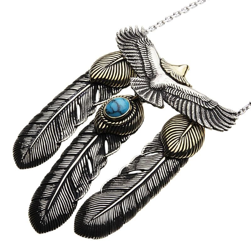 【新品】 [セノーテ] イーグル フェザー ネックレス ブルーターコイズ【ホワイトメタルアクセサリー】 p3013