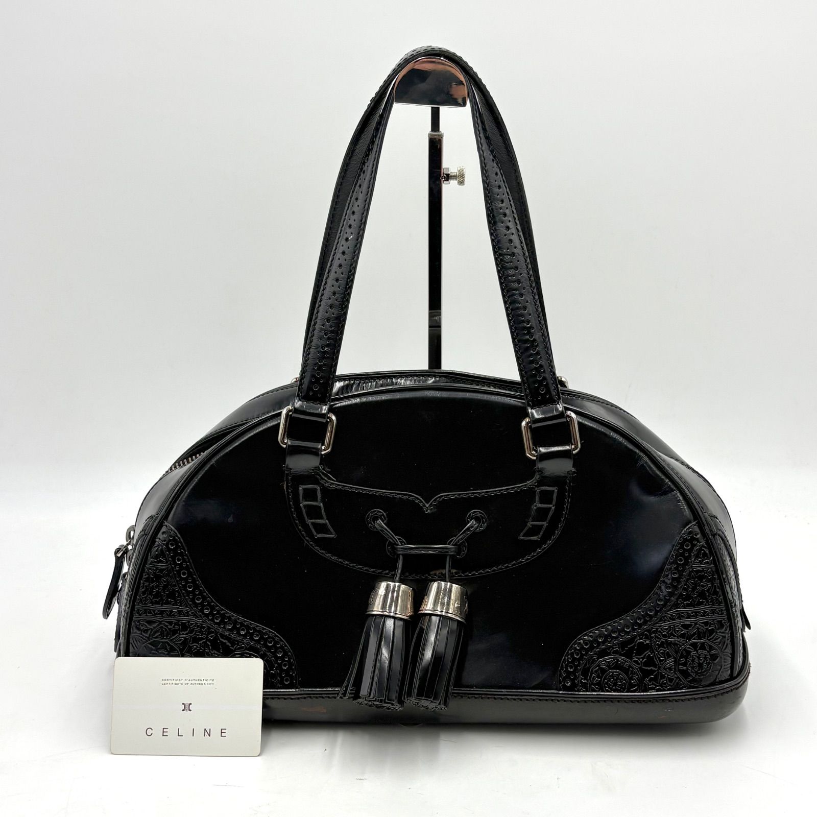 Auth Rare CELINE Tassels Y2K Blove Leather Shoulder Bag Tote Bag Mini Boston Bag Black 38,870円