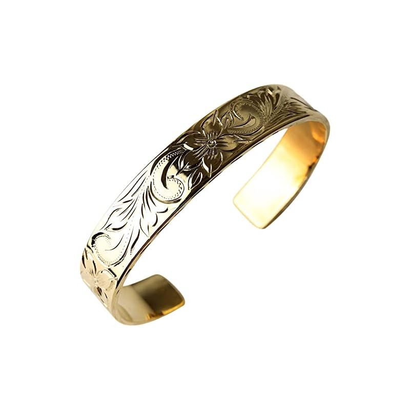 【新品】 [BFF] ブランド ゴールド 18K GP gold 金色 マイレ スクロール 波 ハワイアン 平打ちバングル フラットバンド 腕輪 ハワイアンジュエリー 専用BOX付属 （L(幅10mm)、ゴールド）