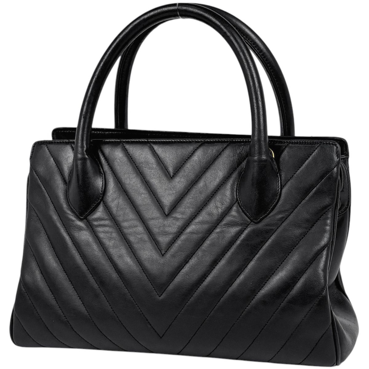 シャネル CHANEL Vステッチ ハンドバッグ シェブロン ココマーク レザー ブラック レディース 【中古】