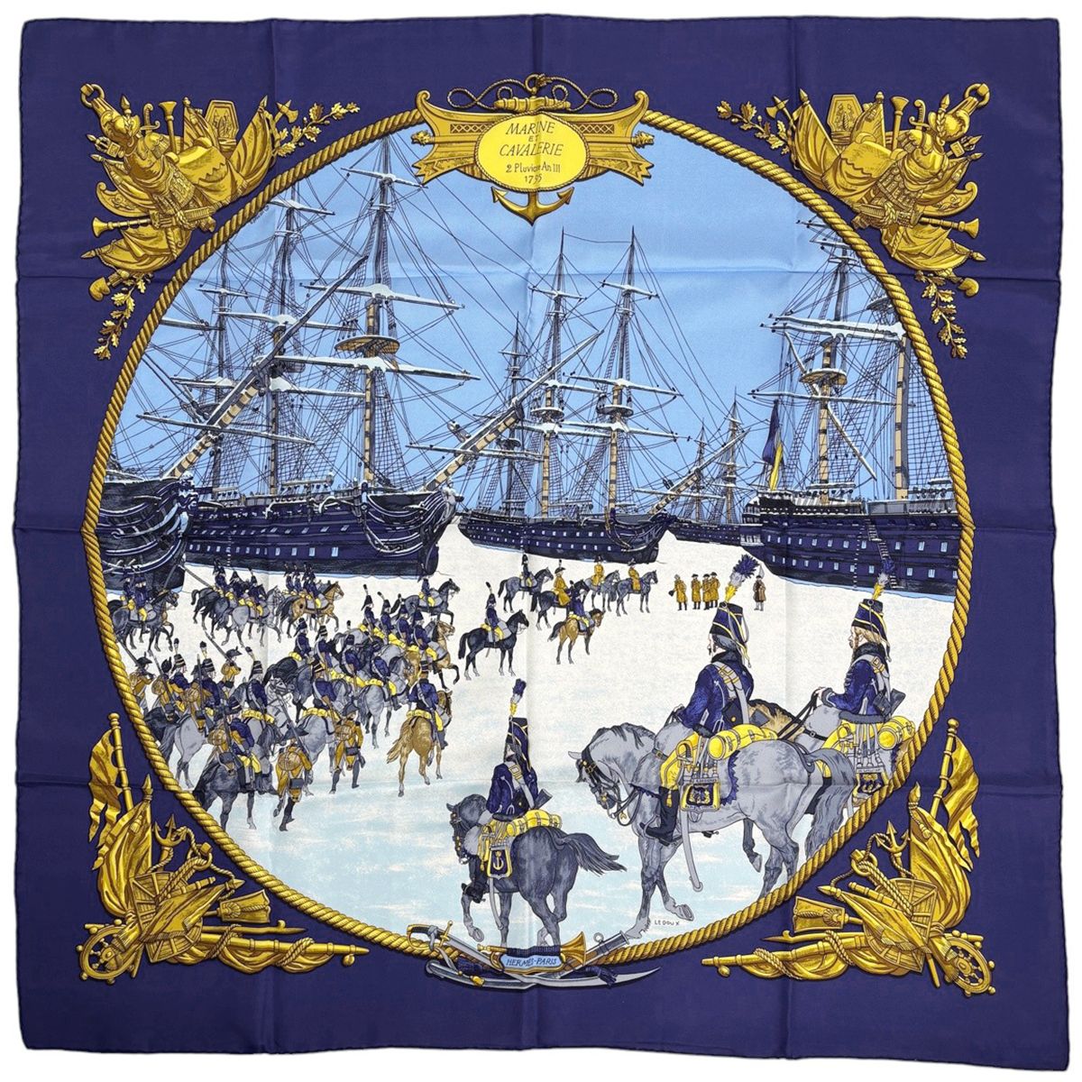 エルメス HERMES カレ90 MARINE ET CAVALERIE 海と騎兵隊 スカーフ シルク ネイビー マルチカラー レディース 【中古】