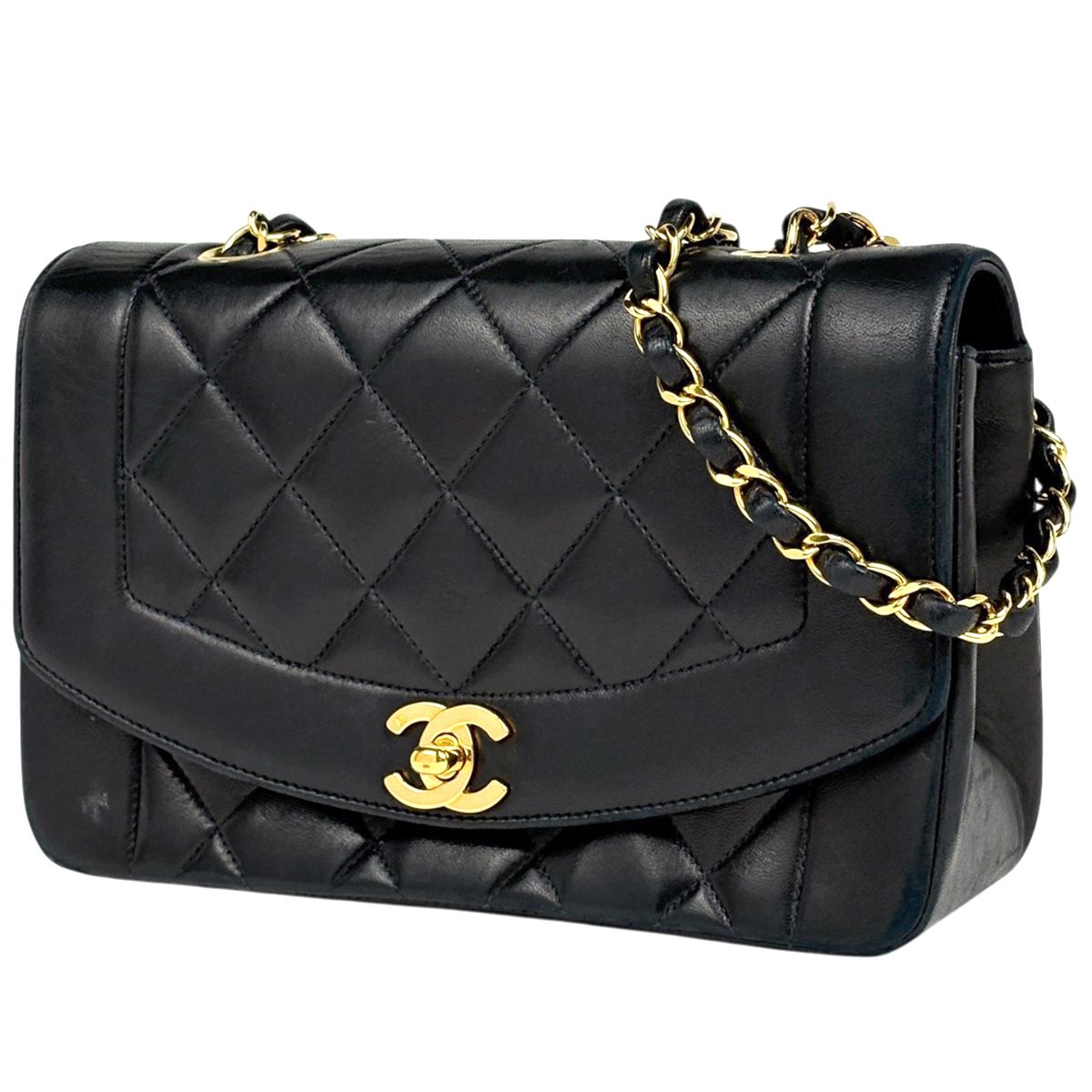 シャネル CHANEL ダイアナ マトラッセ シングルフラップ チェーン ショルダーバッグ ココマーク レザー ブラック A01164 レディース 【中古】