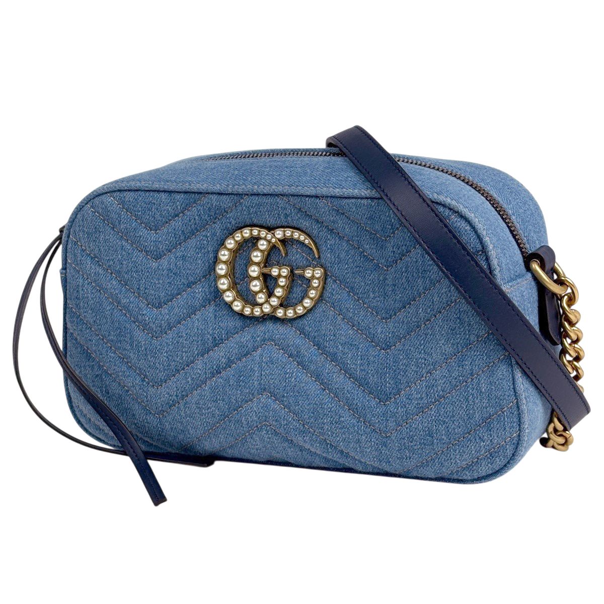 グッチ GUCCI GGマーモント チェーン ショルダーバッグ ダブルG デニム ライトブルー 447632 レディース 【中古】