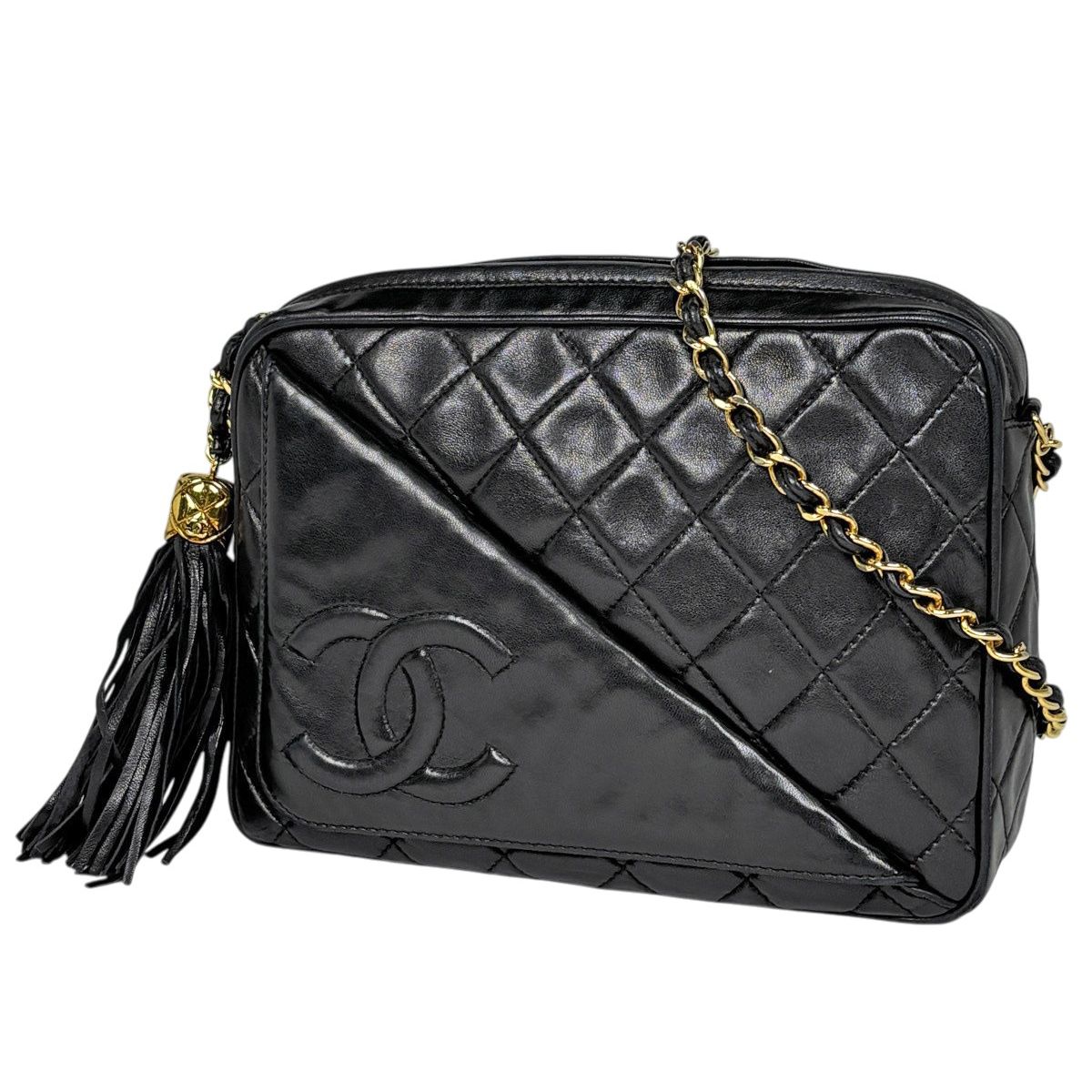 シャネル CHANEL ココマーク フリンジ チェーン ショルダーバッグ マトラッセ レザー ブラック レディース 【中古】