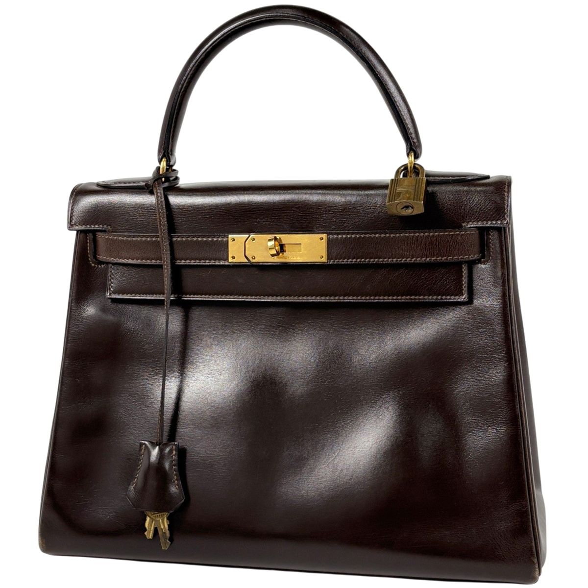 エルメス HERMES ケリー28 内縫い ハンドバッグ ボックスカーフ ブラウン 〇G レディース 【中古】