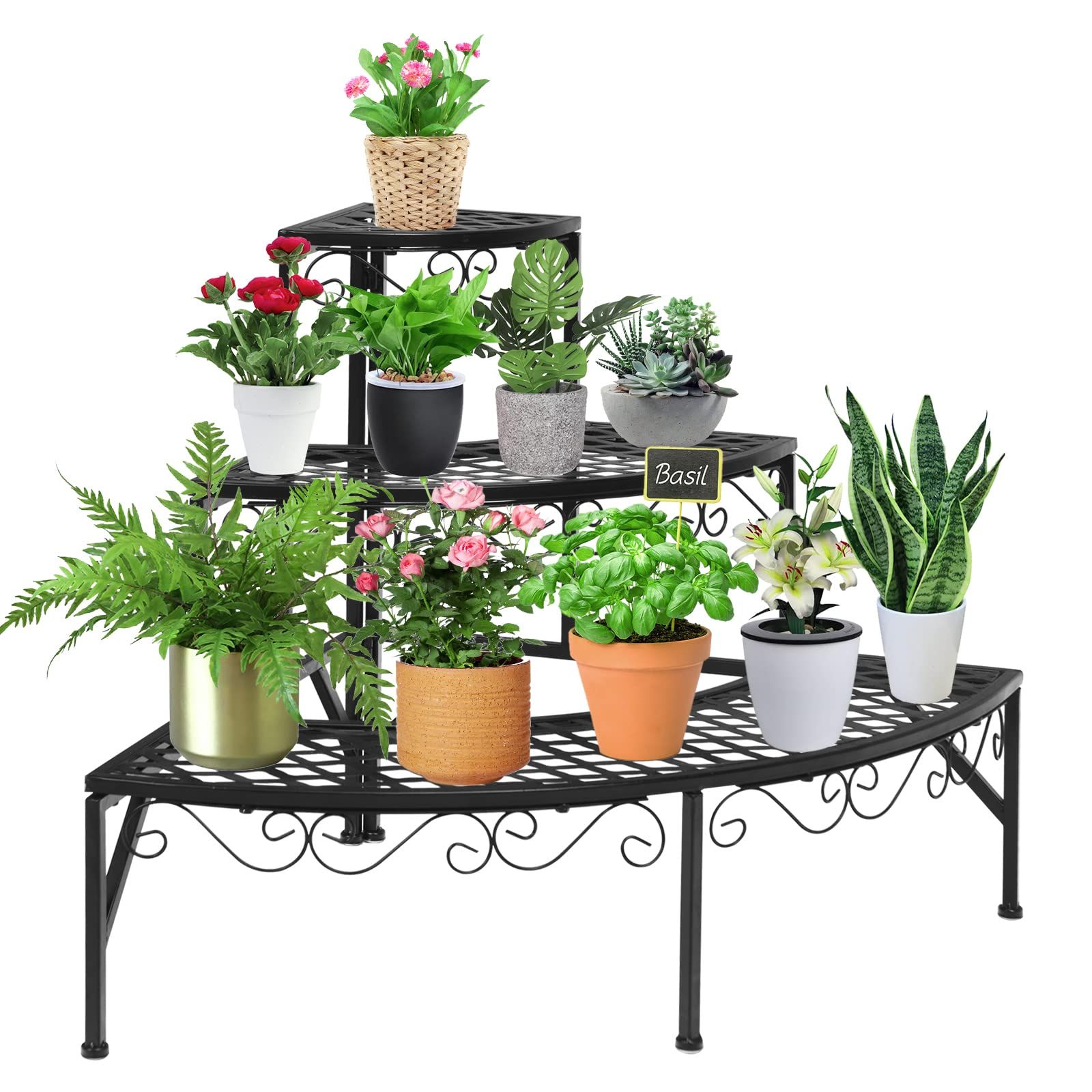 TANGKULA フラワースタンド プランタースタンド 鉄製 ガーデンラック 屋外 室内 観葉植物 棚 花台 ガーデニング おしゃれ 多機能 組立て簡単 ベランダ リビング 玄関 (3段-扇形デザイン)as 2a982d15